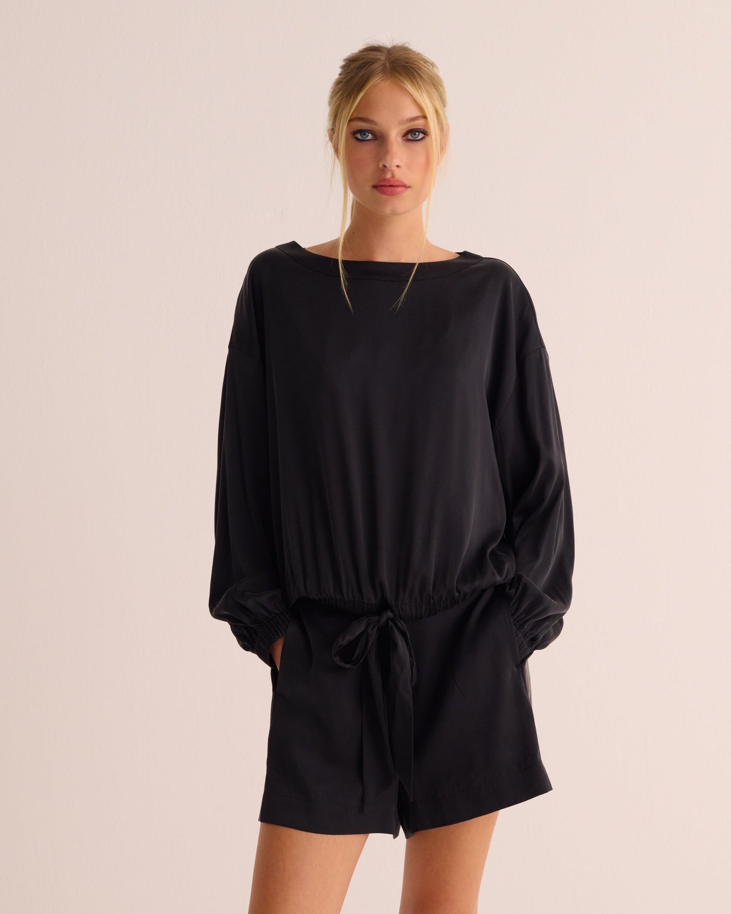 Black Washable Organic Stretch Silk Tie-Waist Sweatshirt MAMU Dream