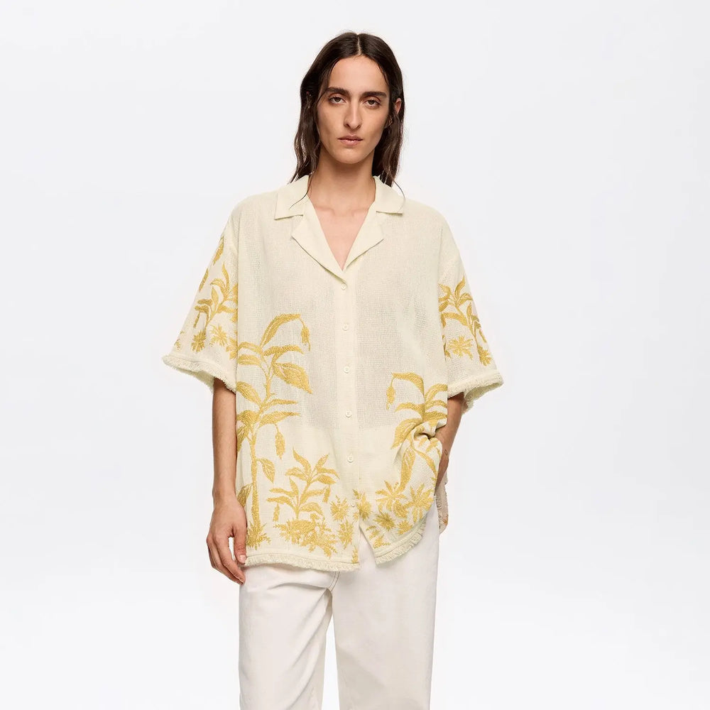 Oversize vanilla shirt with embroidery and frayed details Bimba y Lola UK