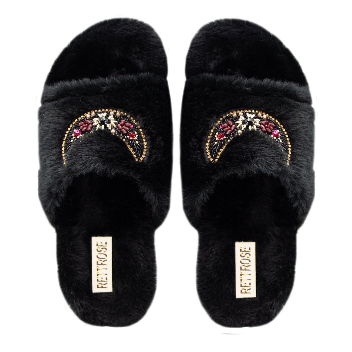 Paisley Black Luxury Plush Diamanté Embellished Handmade Slipper Rettrose