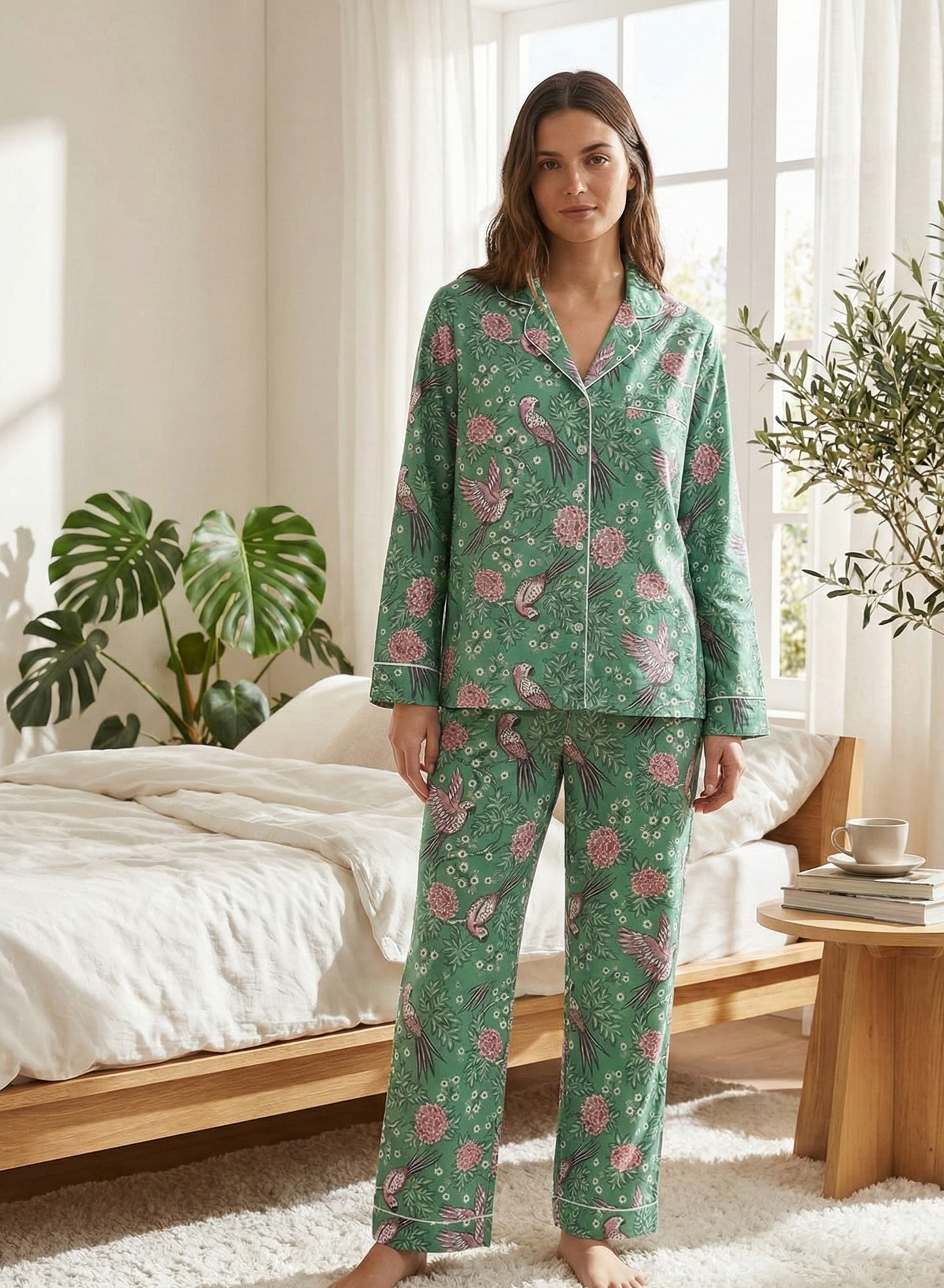 Pink Parrot on Green Women's Satin Pyjama Trouser Set Myza