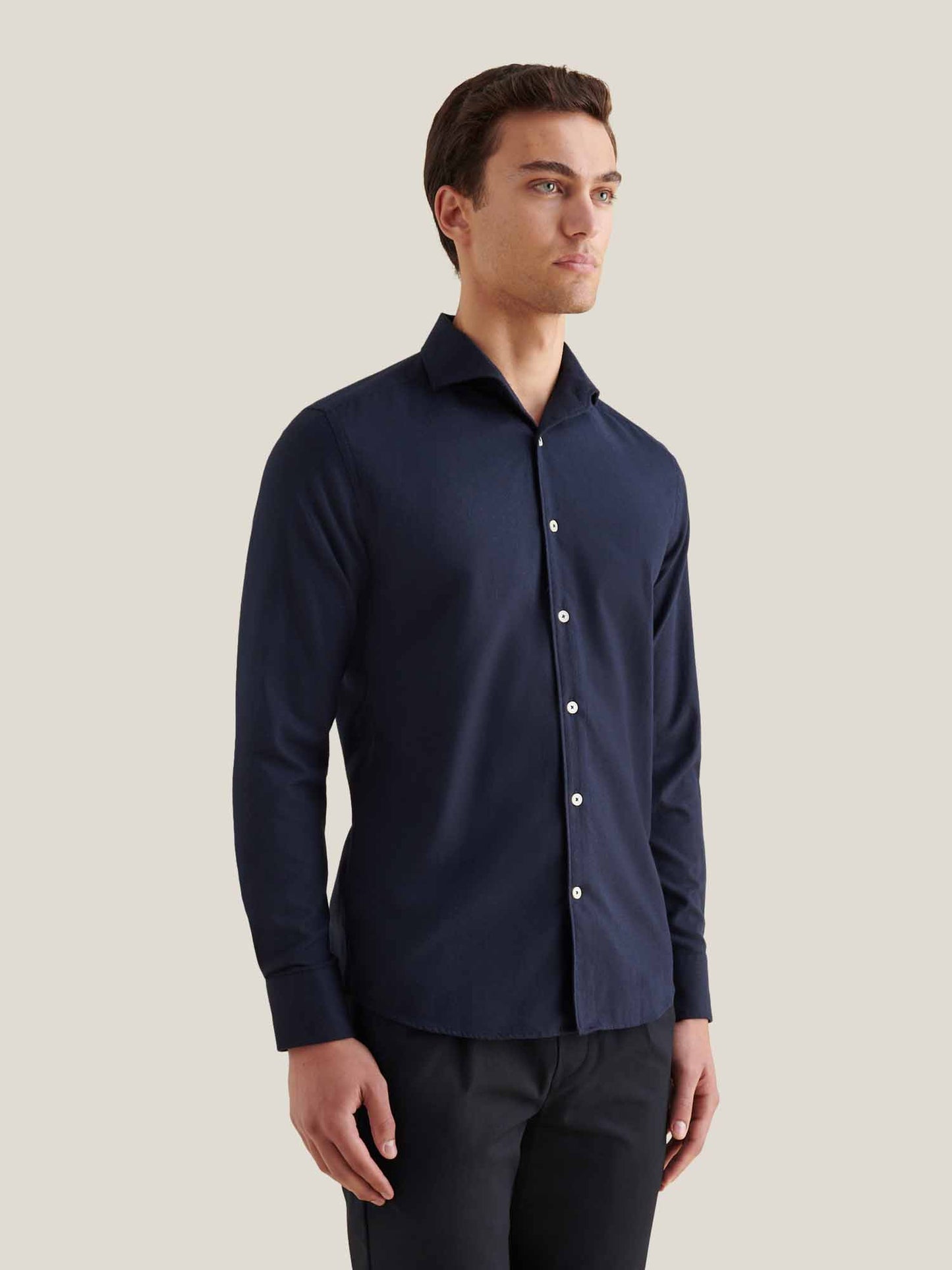 Flannel Herringbone Spread Collar Shirt in Dark Sapphire Navy Peckham Rye