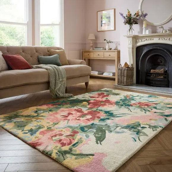 Painted Floral Wool Rug Dunelm