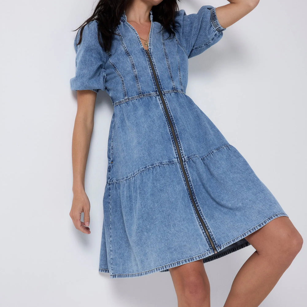 Pale Indigo Zip Detail Tiered Short Denim Dress Scamp & Dude
