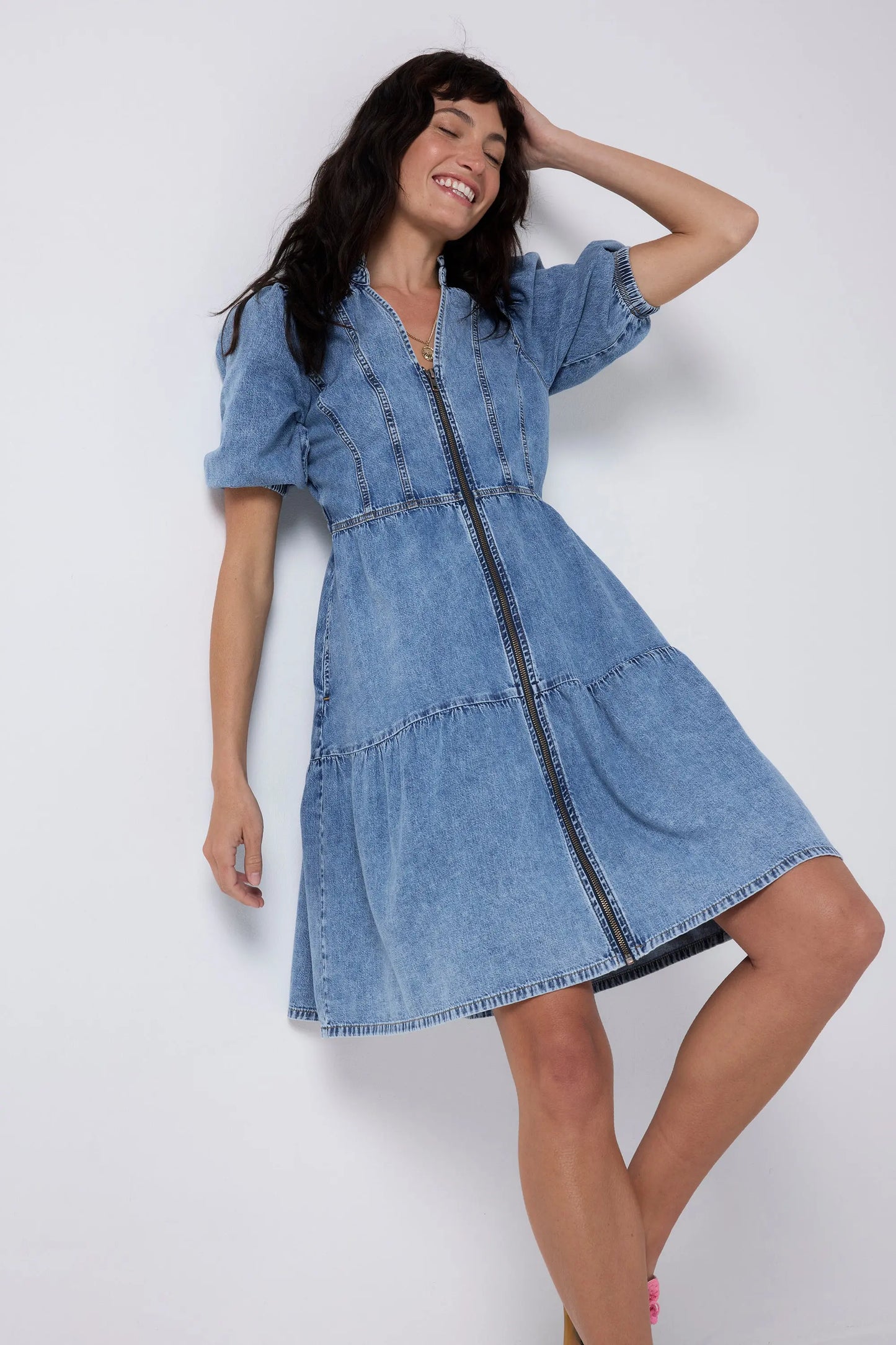 Pale Indigo Zip Detail Tiered Short Denim Dress Scamp & Dude