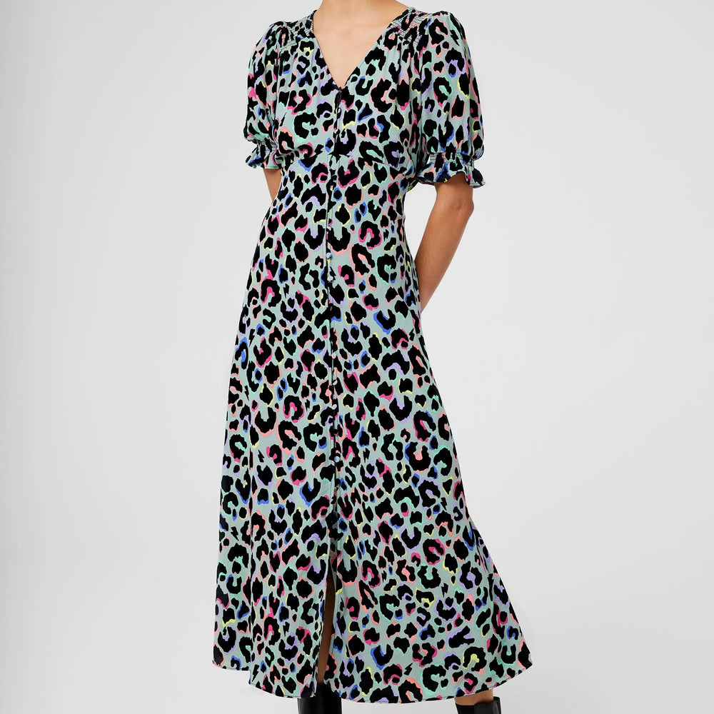 Pale Khaki with Rainbow Shadow Leopard Flute Sleeve Midi Tea Dress Scamp & Dude