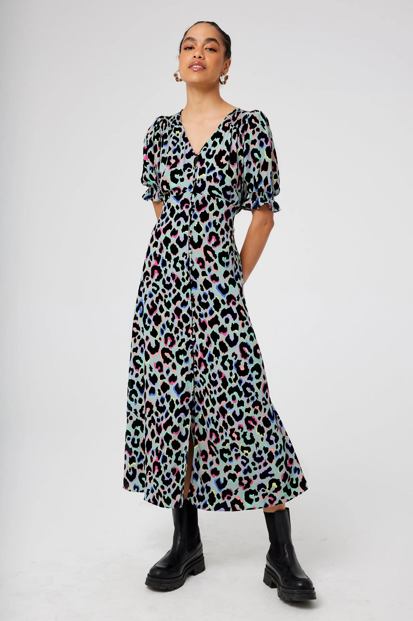 Pale Khaki with Rainbow Shadow Leopard Flute Sleeve Midi Tea Dress Scamp & Dude