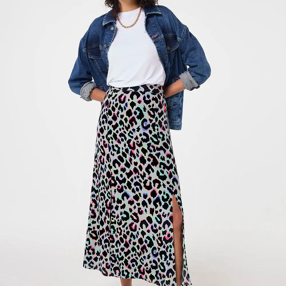Pale Khaki with Rainbow Shadow Leopard Split Front Skirt Scamp & Dude