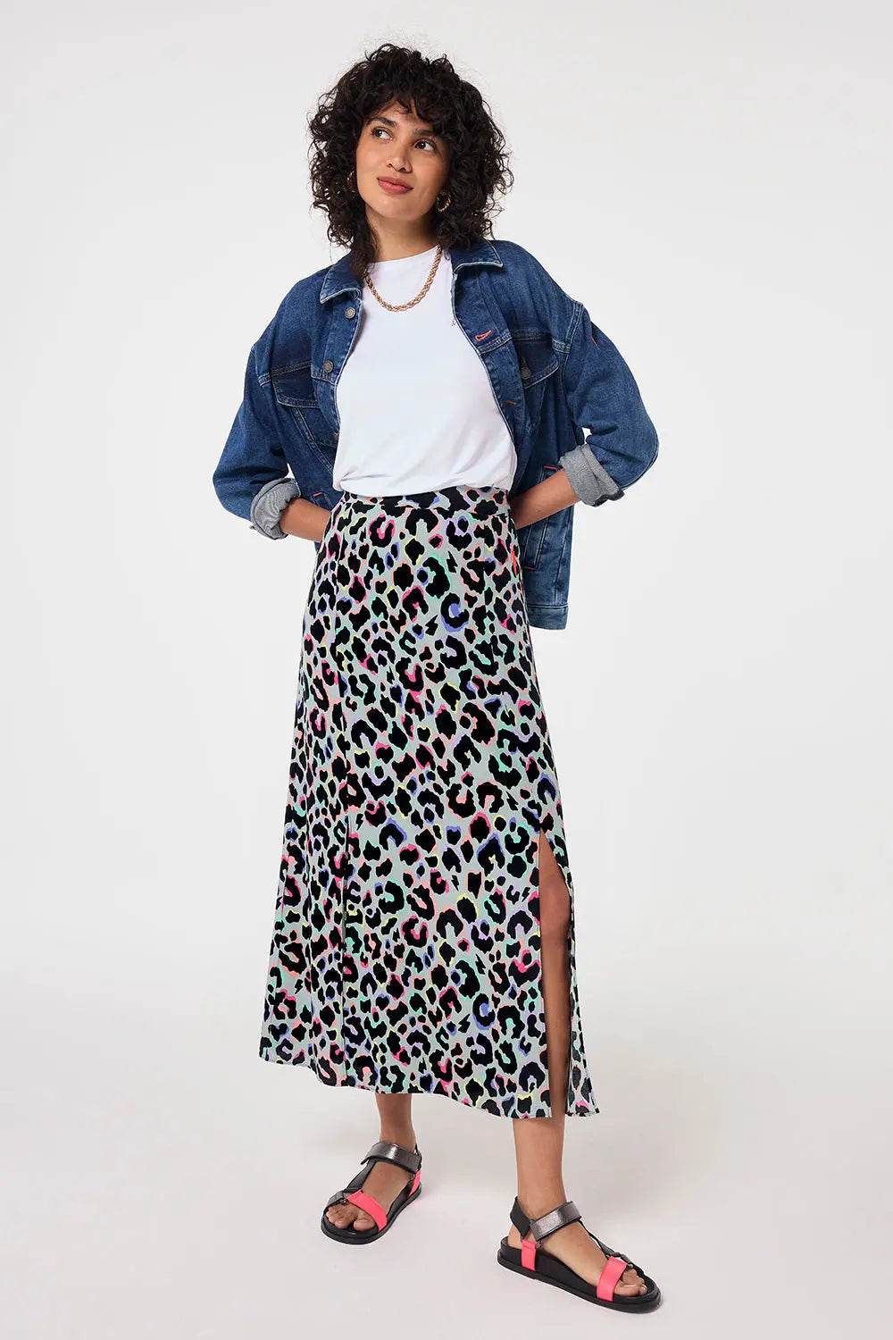 Pale Khaki with Rainbow Shadow Leopard Split Front Skirt Scamp & Dude