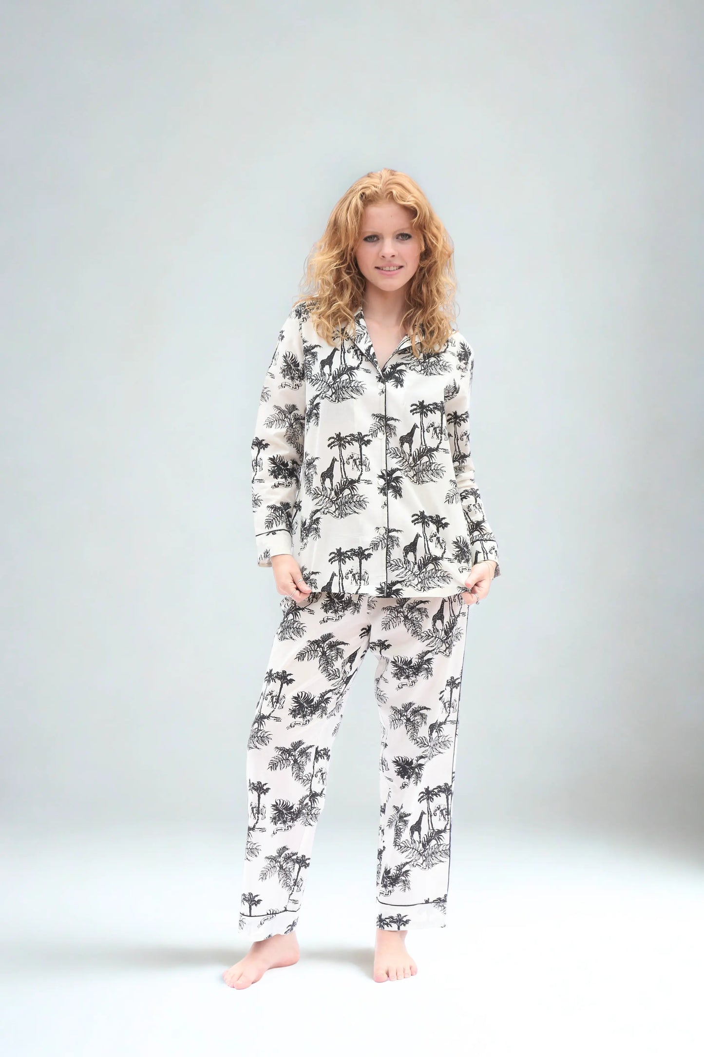 Paloma Long Sleeve Organic Cotton Pyjama Set, Cream & Black Print AMOKA DALO