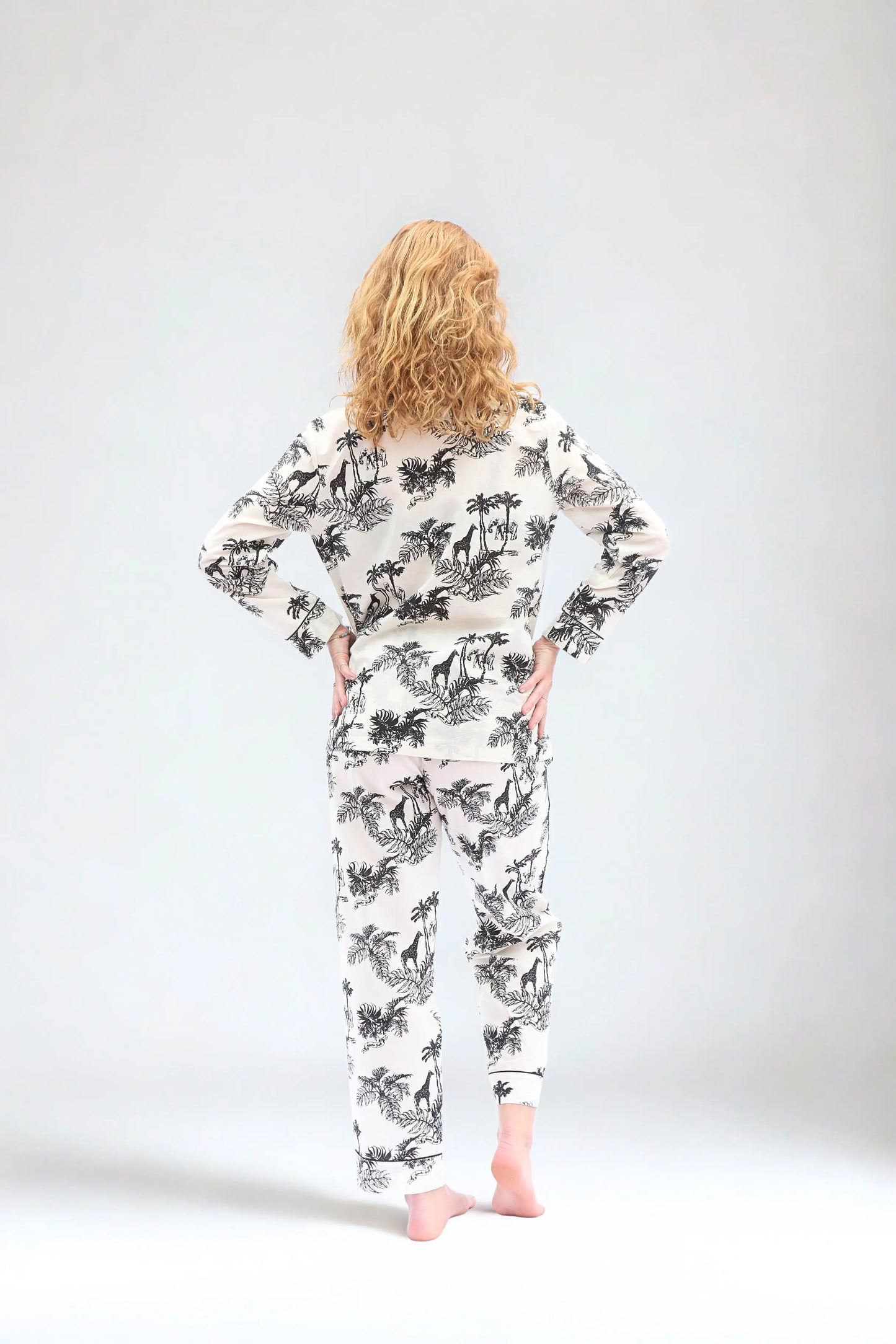 Paloma Long Sleeve Organic Cotton Pyjama Set, Cream & Black Print AMOKA DALO