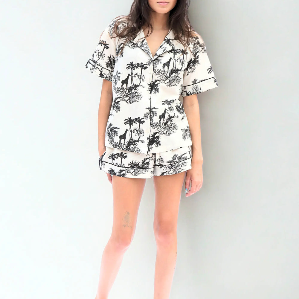 Paloma Short Sleeve Organic Cotton Pyjama Set, Cream & Black Print AMOKA DALO