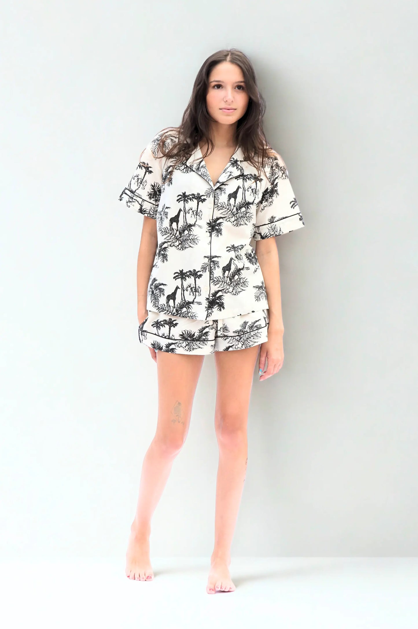 Paloma Short Sleeve Organic Cotton Pyjama Set, Cream & Black Print AMOKA DALO