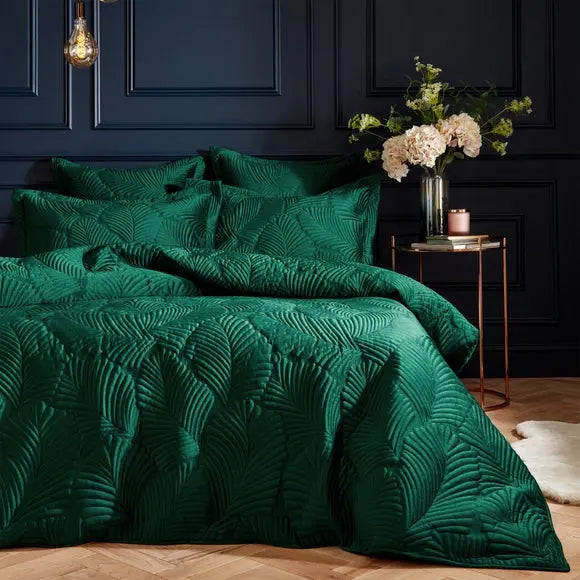 Paoletti Palmeria Emerald Velvet Duvet Cover and Pillowcase Set Dunelm