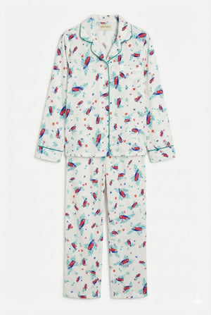 White base and red parrots