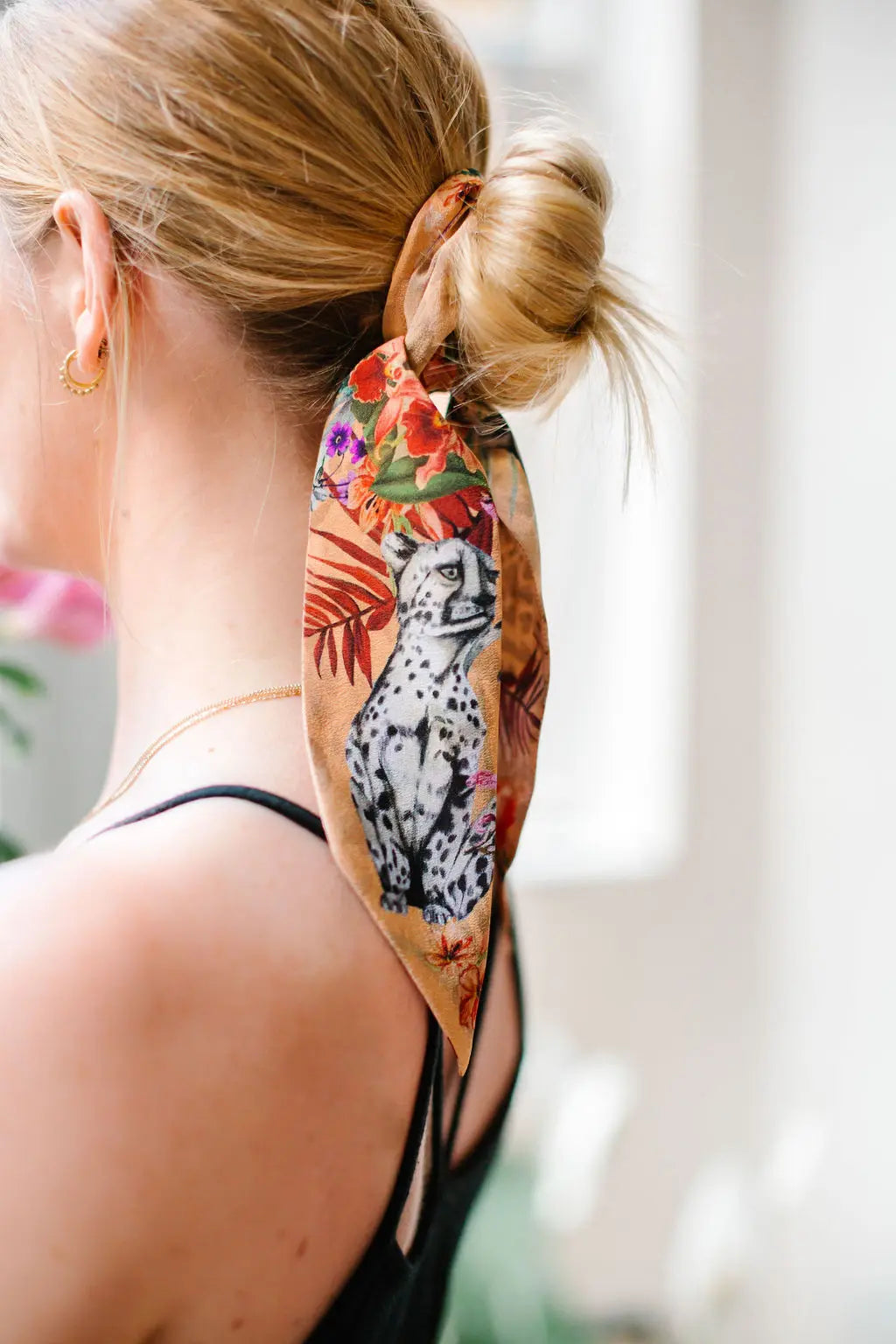 Peach botanical 'Panthera' skinny Silk scarf, delicate, lightweight Twilly style scarf accessory with animal print texture Alice Acreman Silks