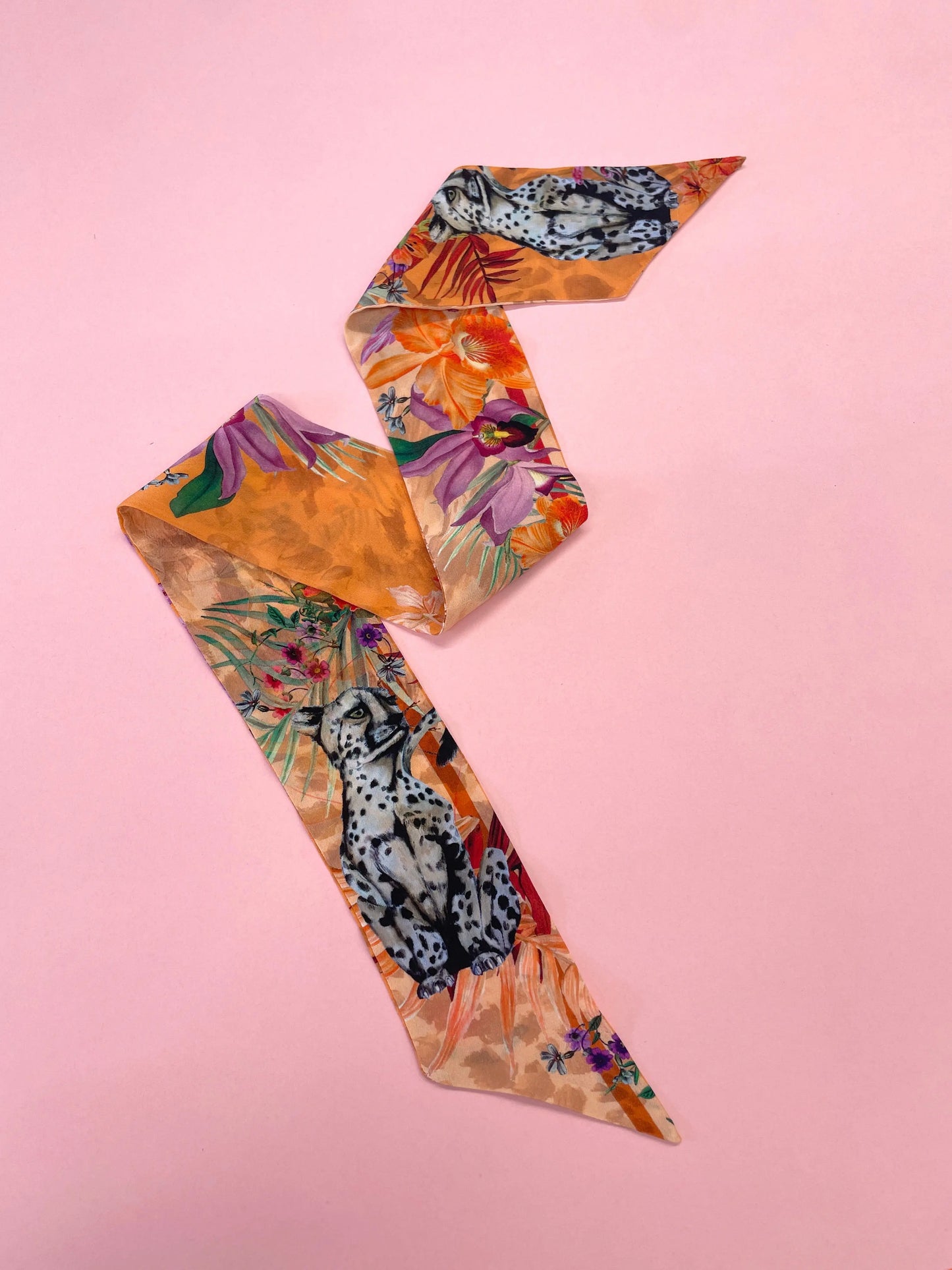 Peach botanical 'Panthera' skinny Silk scarf, delicate, lightweight Twilly style scarf accessory with animal print texture Alice Acreman Silks