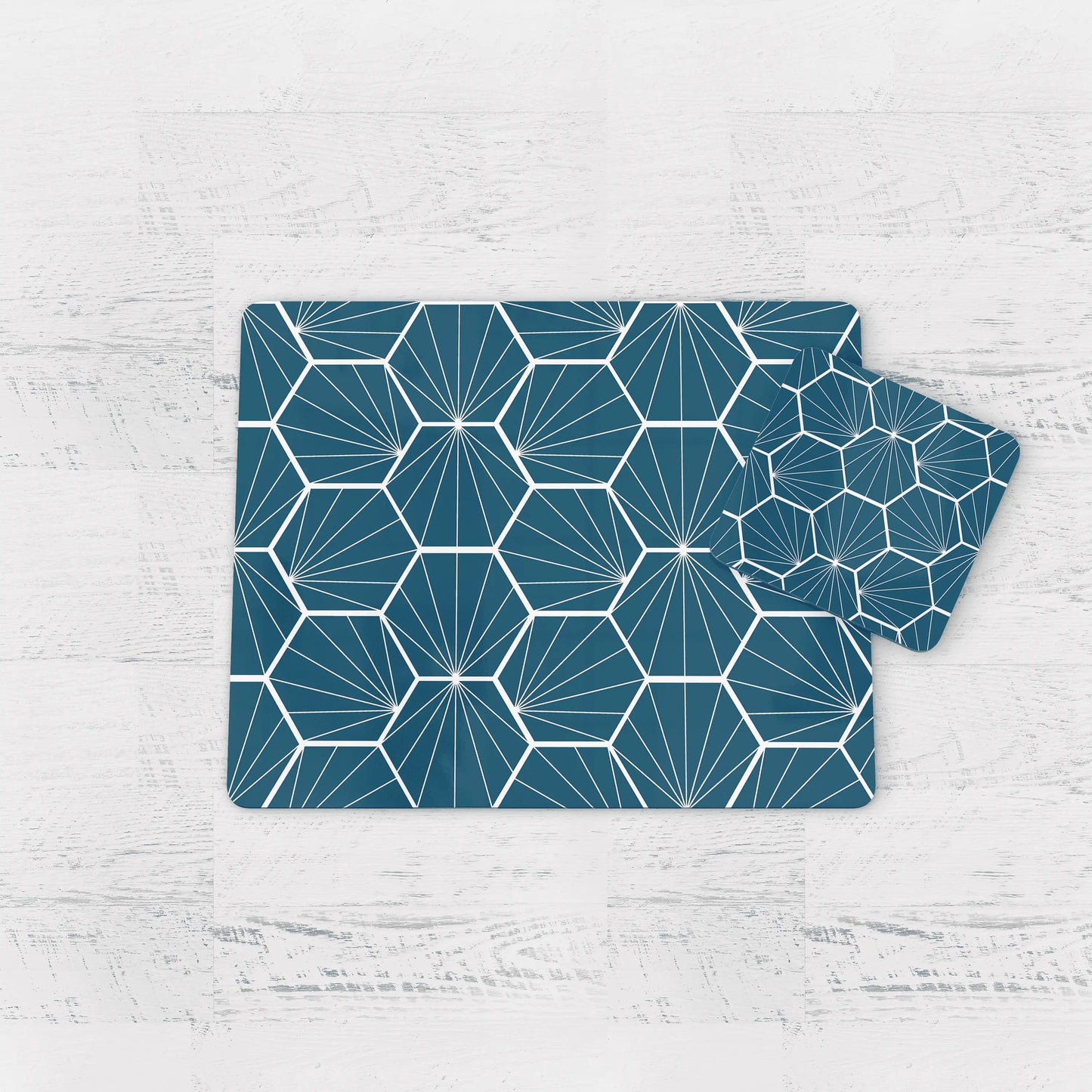 Peacock Blue Geometric Hexagons Placemats, Set of 4 or Set of 6 Shadow bright