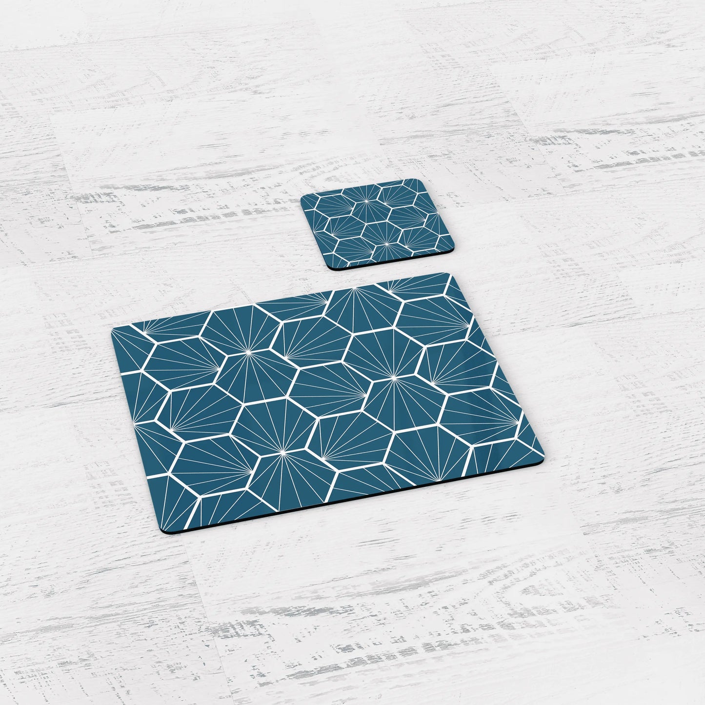 Peacock Blue Geometric Hexagons Placemats, Set of 4 or Set of 6 Shadow bright