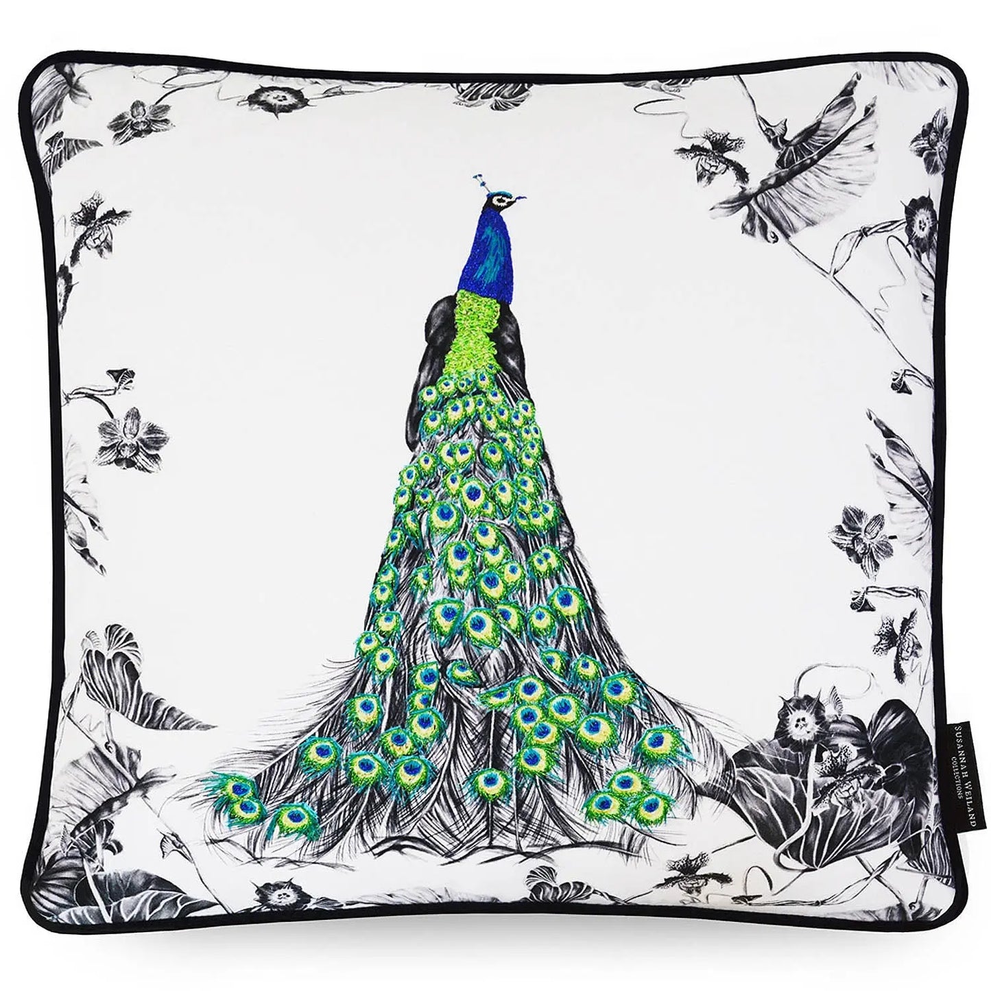Peacock Hand Embroidered Cushion - Perry Susannah Weiland Collections