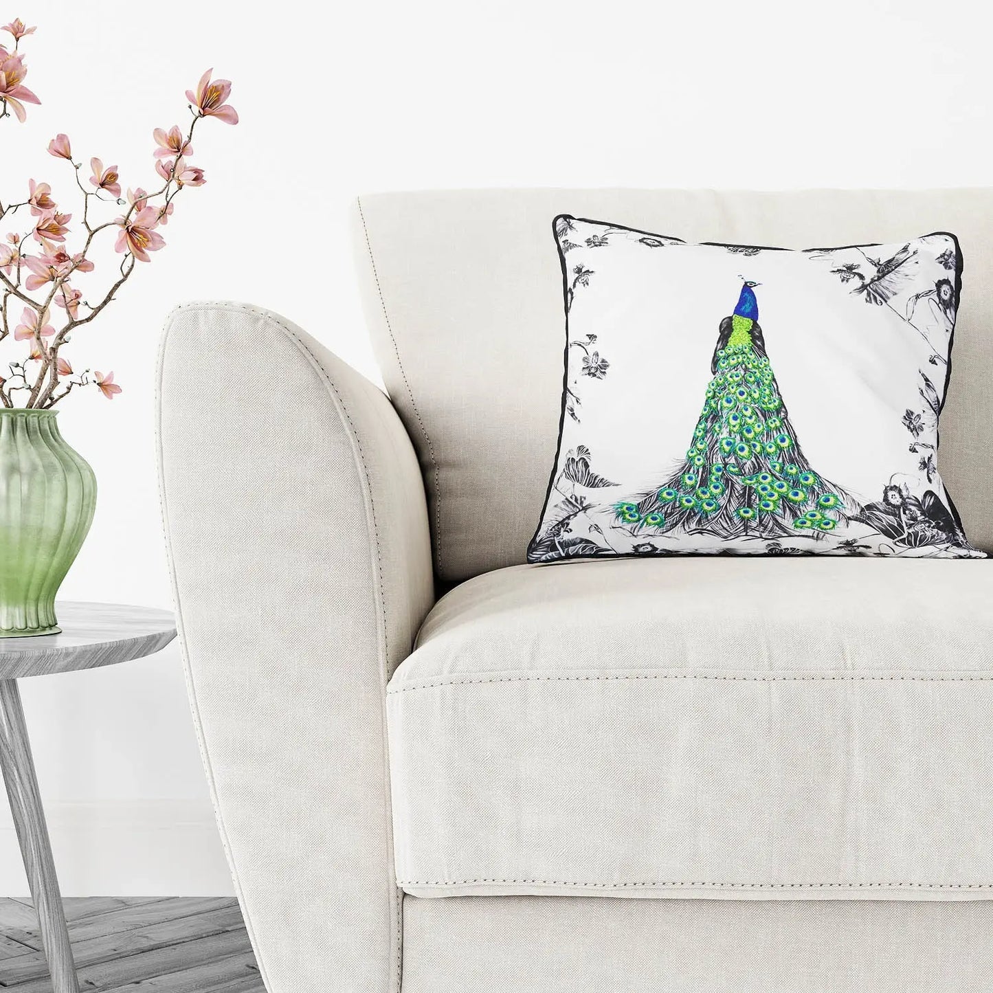 Peacock Hand Embroidered Cushion - Perry Susannah Weiland Collections