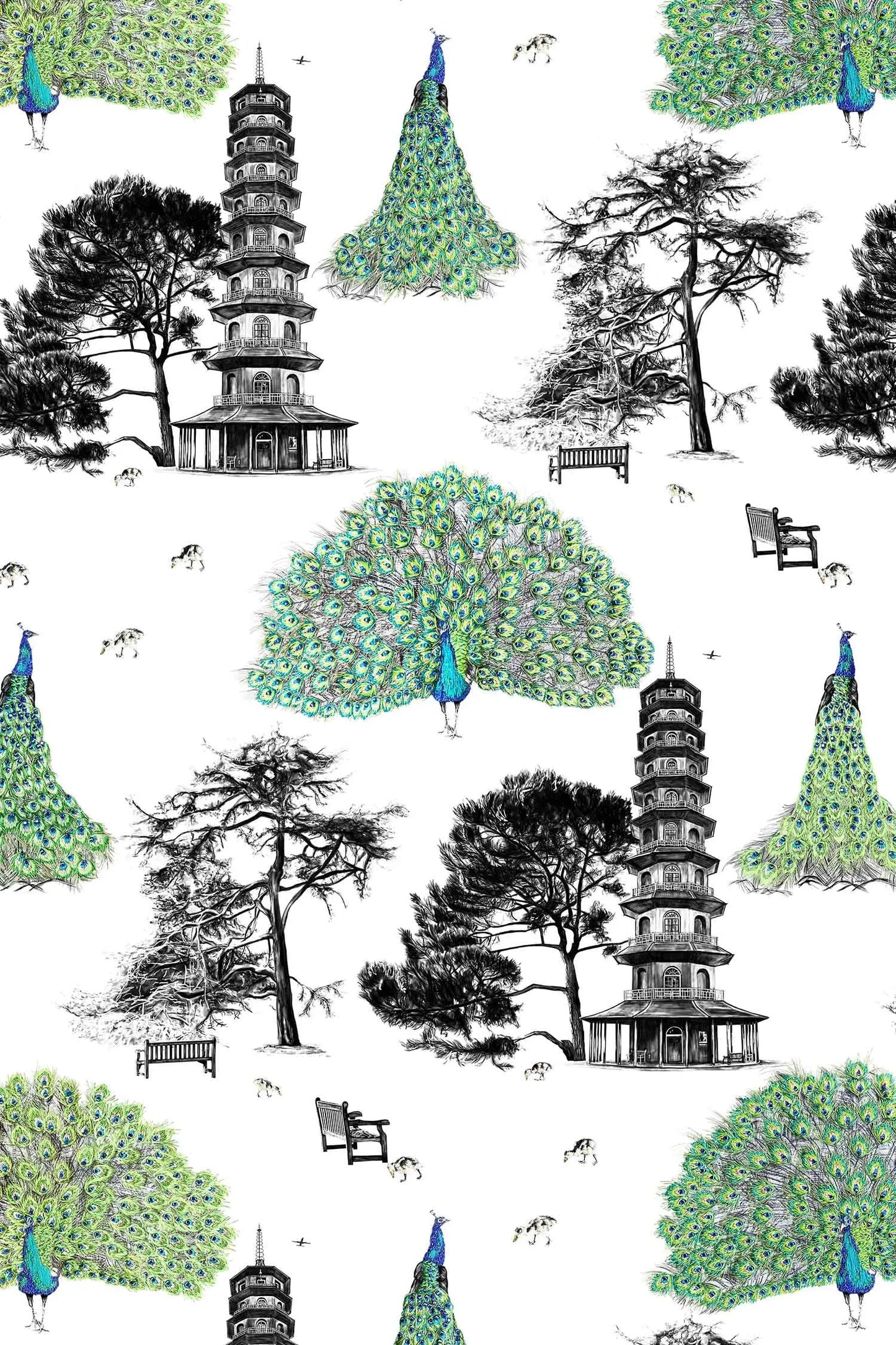 Peacock Wallpaper - Green Susannah Weiland Collections