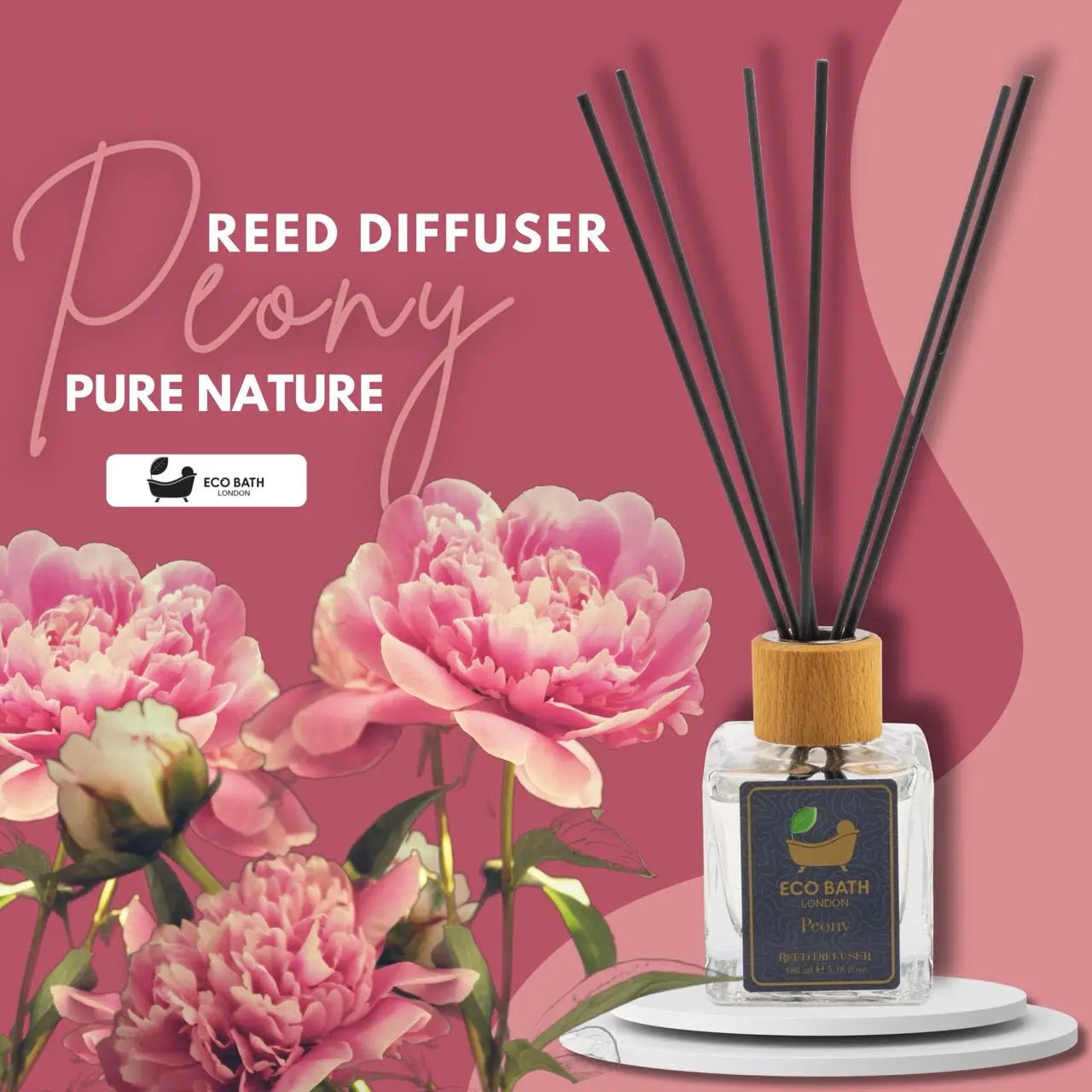 Peony Reed Diffuser - Beautiful Bouquet of Peonies Fragrance, Intensive, Fresh & Long Lasting Room Diffuser, 100ml (3.38 Fl.Oz) Eco Bath London