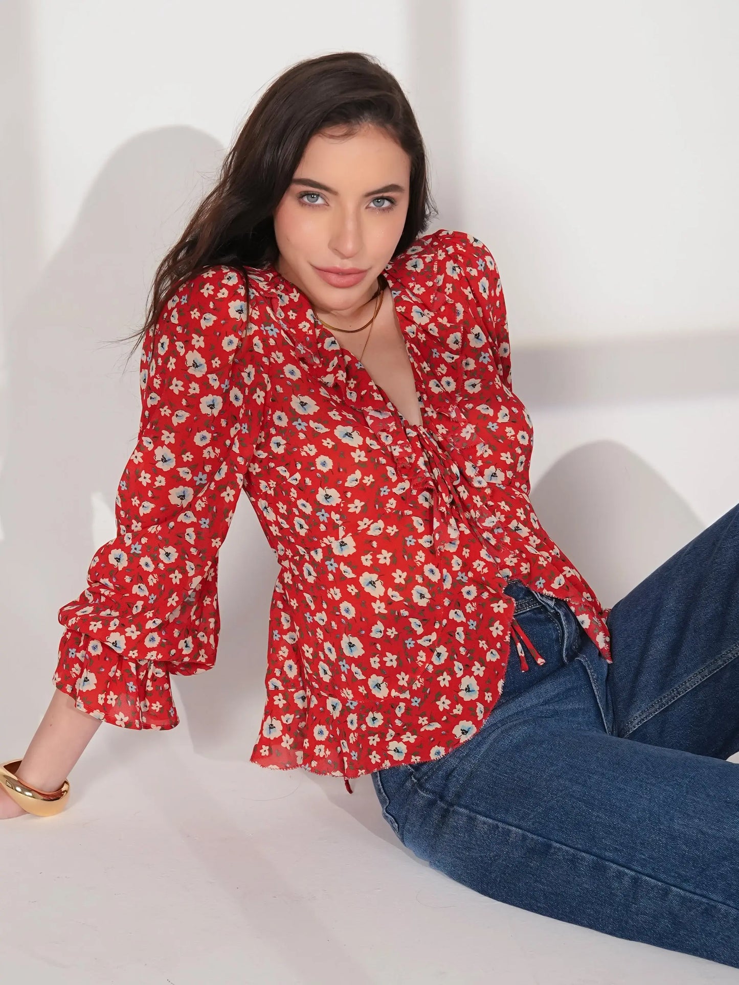 Philippa Red Floral Print Ruffle Blouse Rose & Nancy