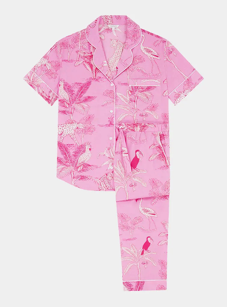 Pink Botanical Jungle Women's Short Sleeve Organic Cotton Pyjama Trouser Set Myza