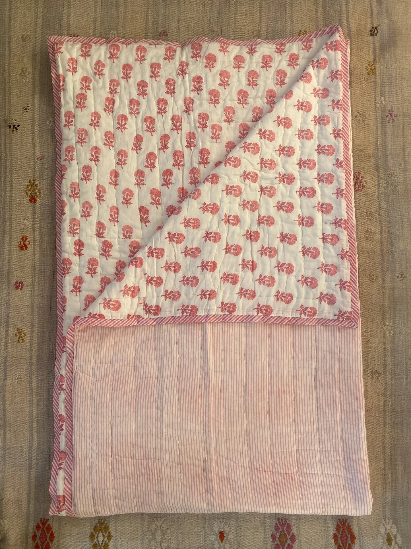 Pink Butti and Stripe Bed Quilt Kapara London