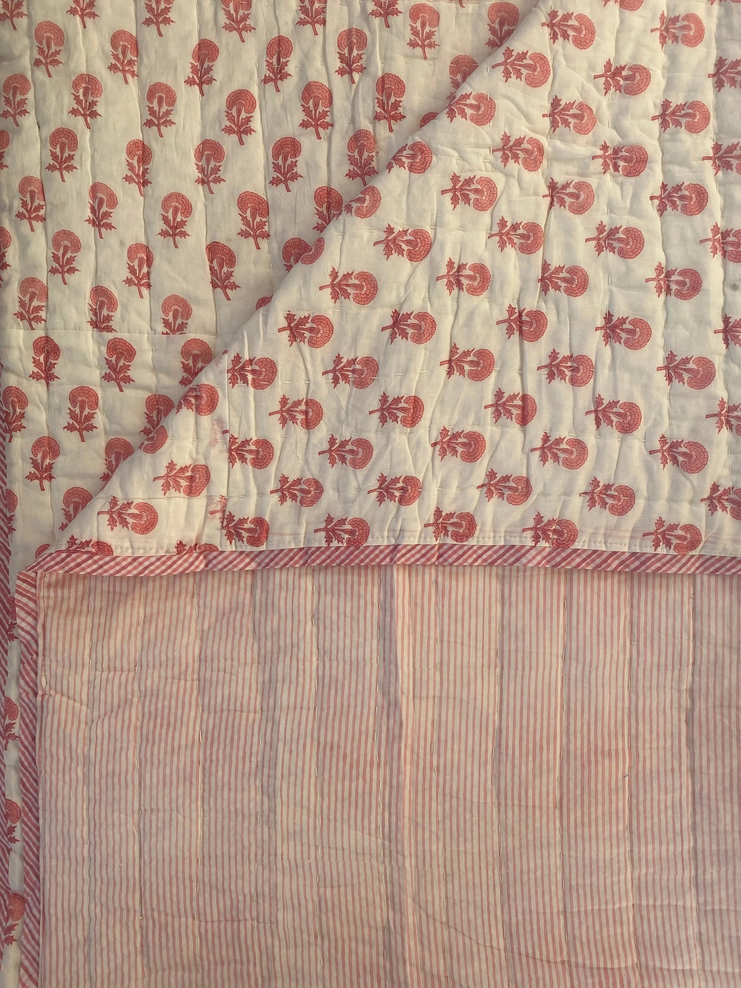 Pink Butti and Stripe Bed Quilt Kapara London