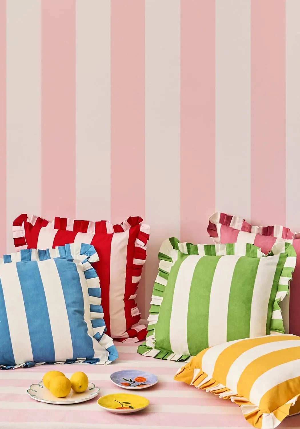 Pink Candy Cabana Stripe Ruffled Cushion Cover Casa by Josephine Jenno