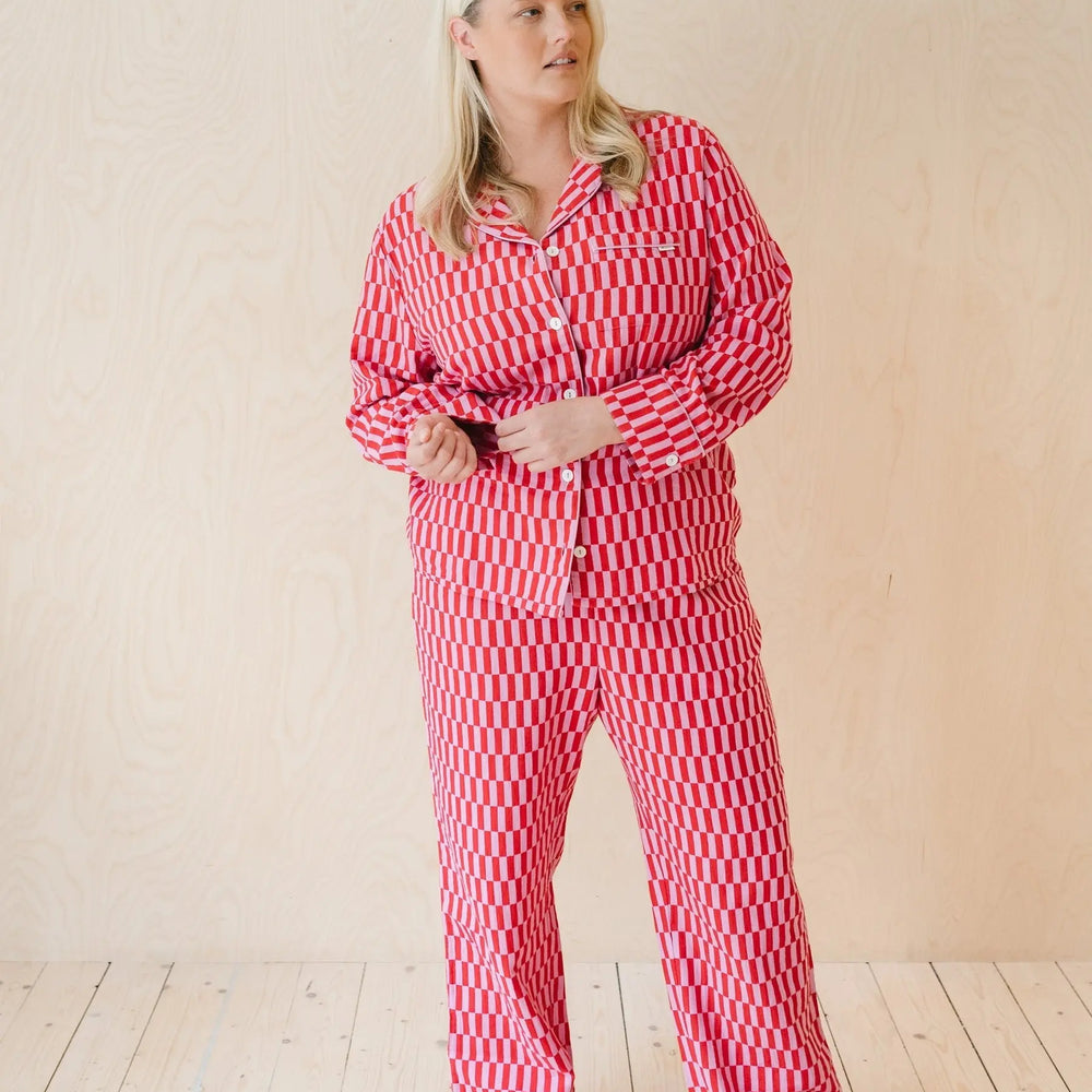 Pink Checkerboard Cotton Pyjama Trouser Set TartanBlanketCo