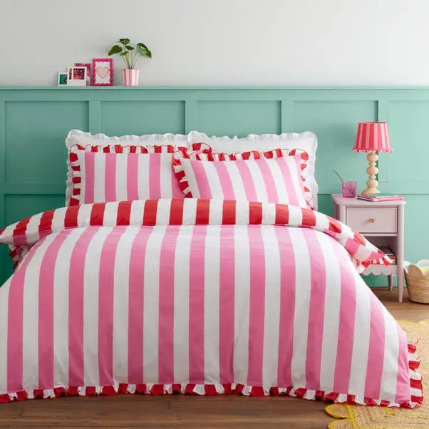 Pink Emmy Frilled Stripe 100% Cotton Duvet Cover and Pillowcase Set Dunelm