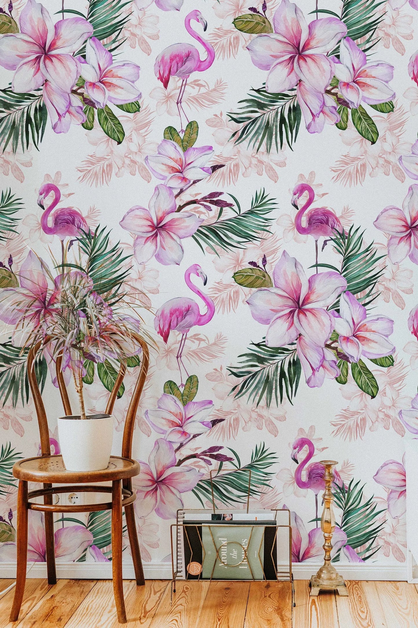 Pink Flamingo Floral Wallpaper | Pink Nursery Peel and Stick Removable Wallpaper | Baby Girl Blushing Pink Flamingo & Floral Décor ClickWalls