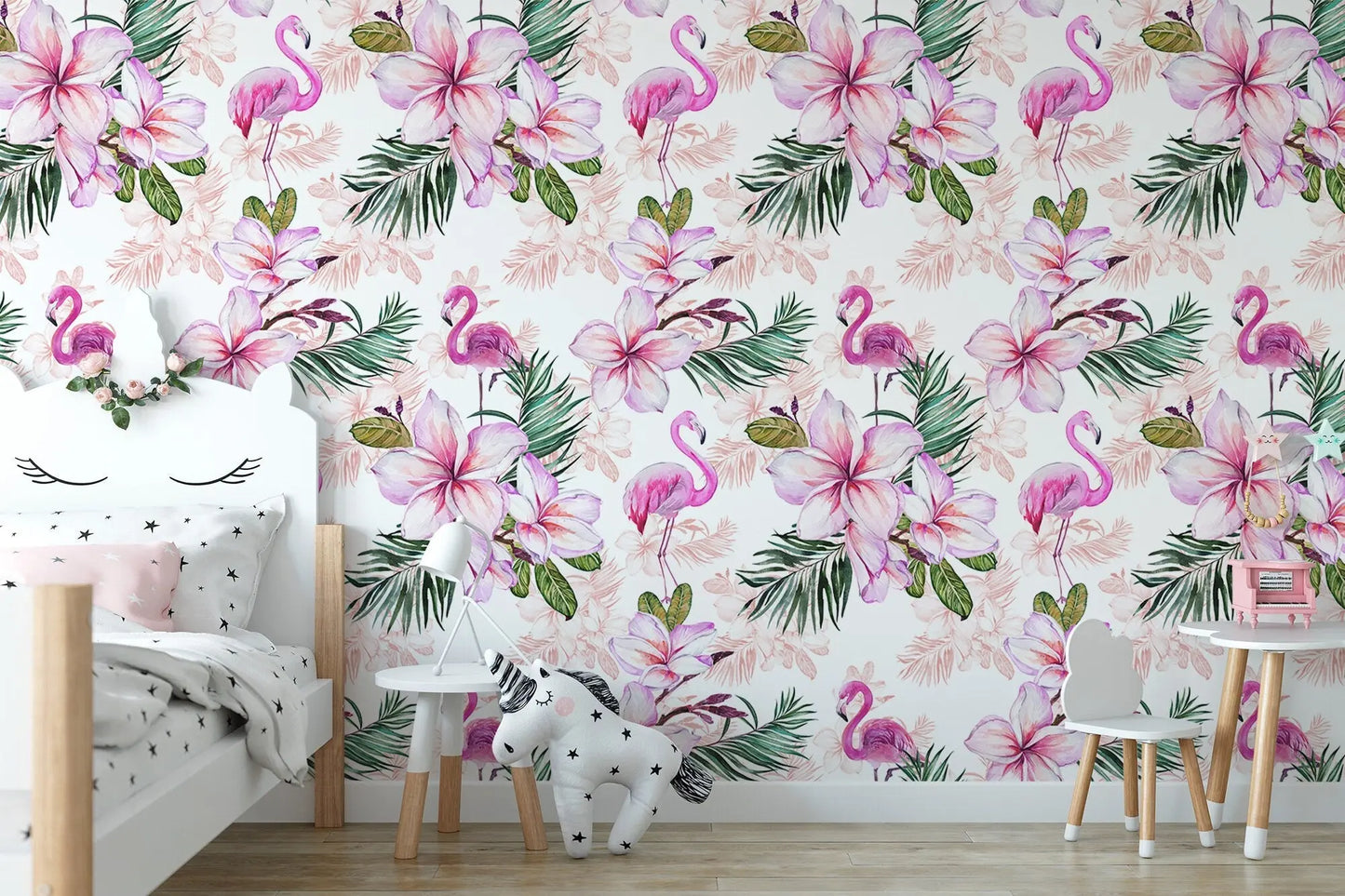 Pink Flamingo Floral Wallpaper | Pink Nursery Peel and Stick Removable Wallpaper | Baby Girl Blushing Pink Flamingo & Floral Décor ClickWalls