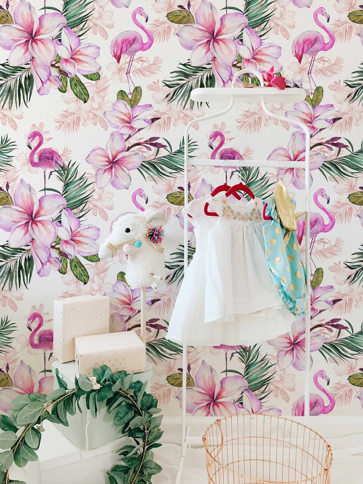 Pink Flamingo Floral Wallpaper | Pink Nursery Peel and Stick Removable Wallpaper | Baby Girl Blushing Pink Flamingo & Floral Décor ClickWalls