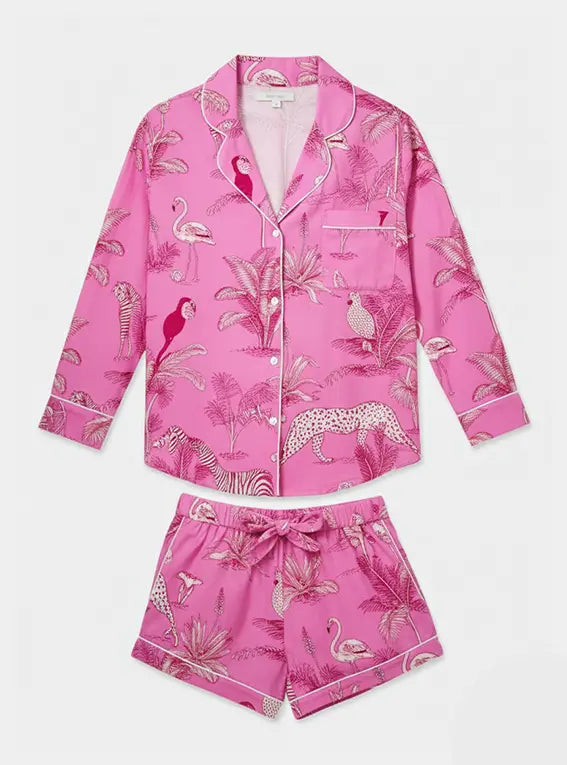 Pink Jungle Women's Long Sleeve Organic Cotton Pyjama Short Set Myza