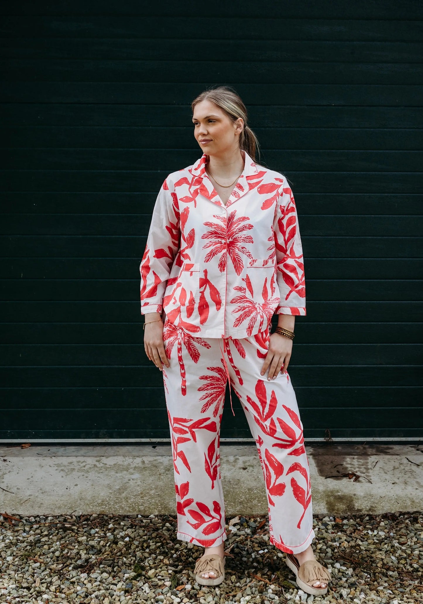 Pink Palm Tree Organic Cotton Pyjama Trouser Set Naree Clothing