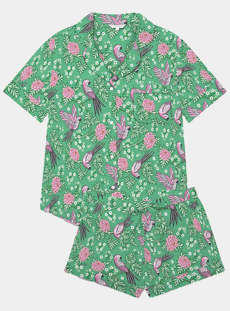 Pink Parrot on Green Women's Satin Pyjama Short Set Myza