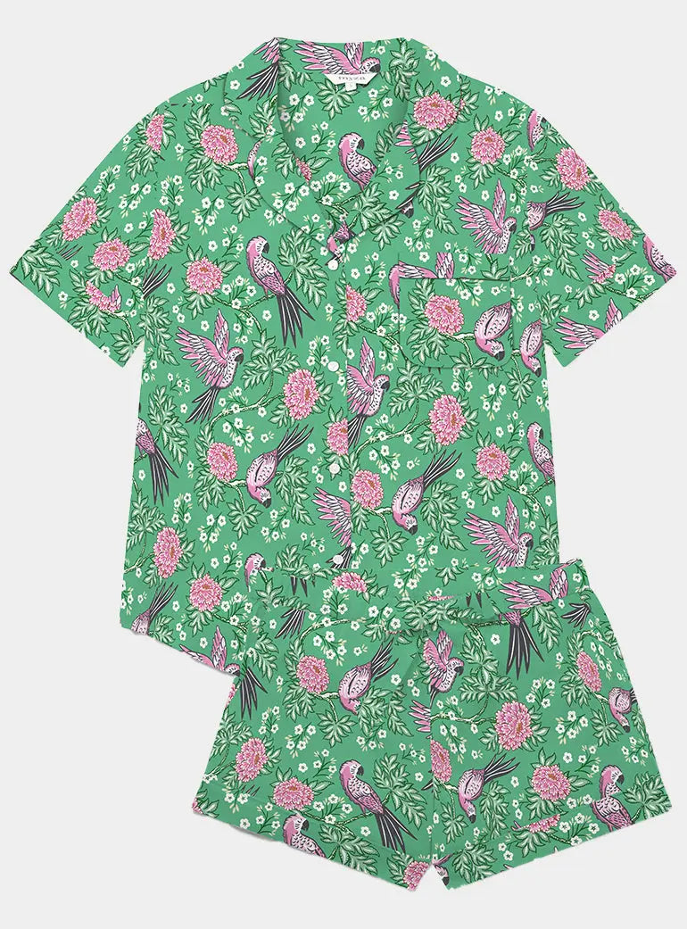 Pink Parrot on Green Women's Satin Pyjama Short Set Myza