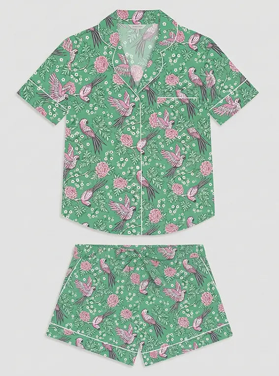 Pink Parrot on Green Women's Satin Pyjama Short Set Myza