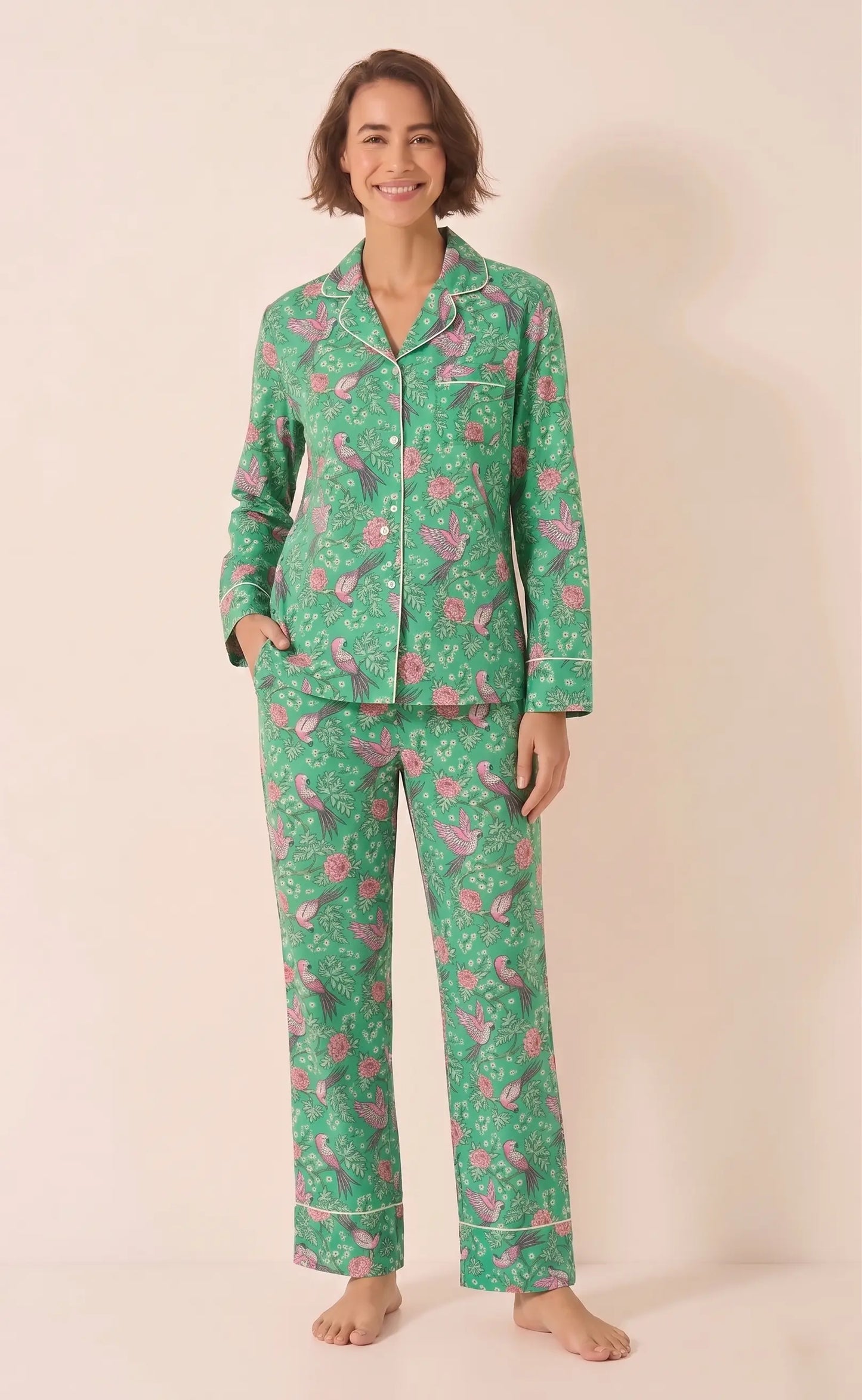 Pink Parrot on Green Women's Satin Pyjama Trouser Set Myza
