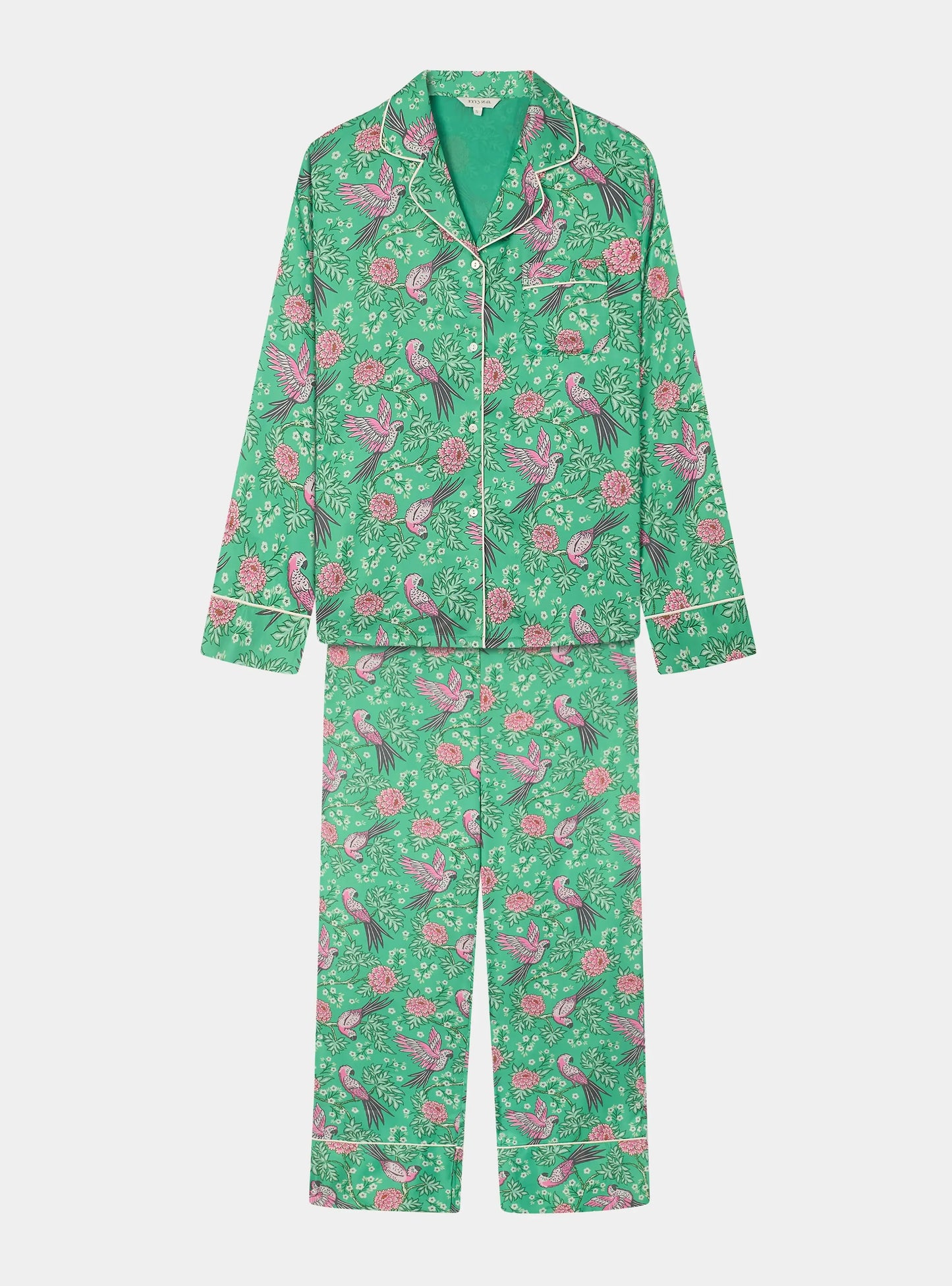 Pink Parrot on Green Women's Satin Pyjama Trouser Set Myza