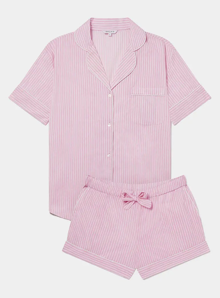 Pink Stripe Women's Short Sleeve Organic Cotton Pyjama Short Set Myza