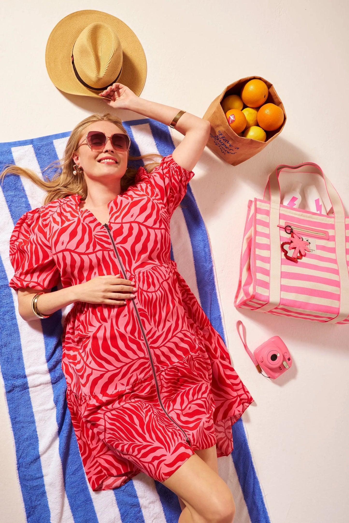 Pink and Red Palm Zip Detail Tiered Short Dress Scamp & Dude