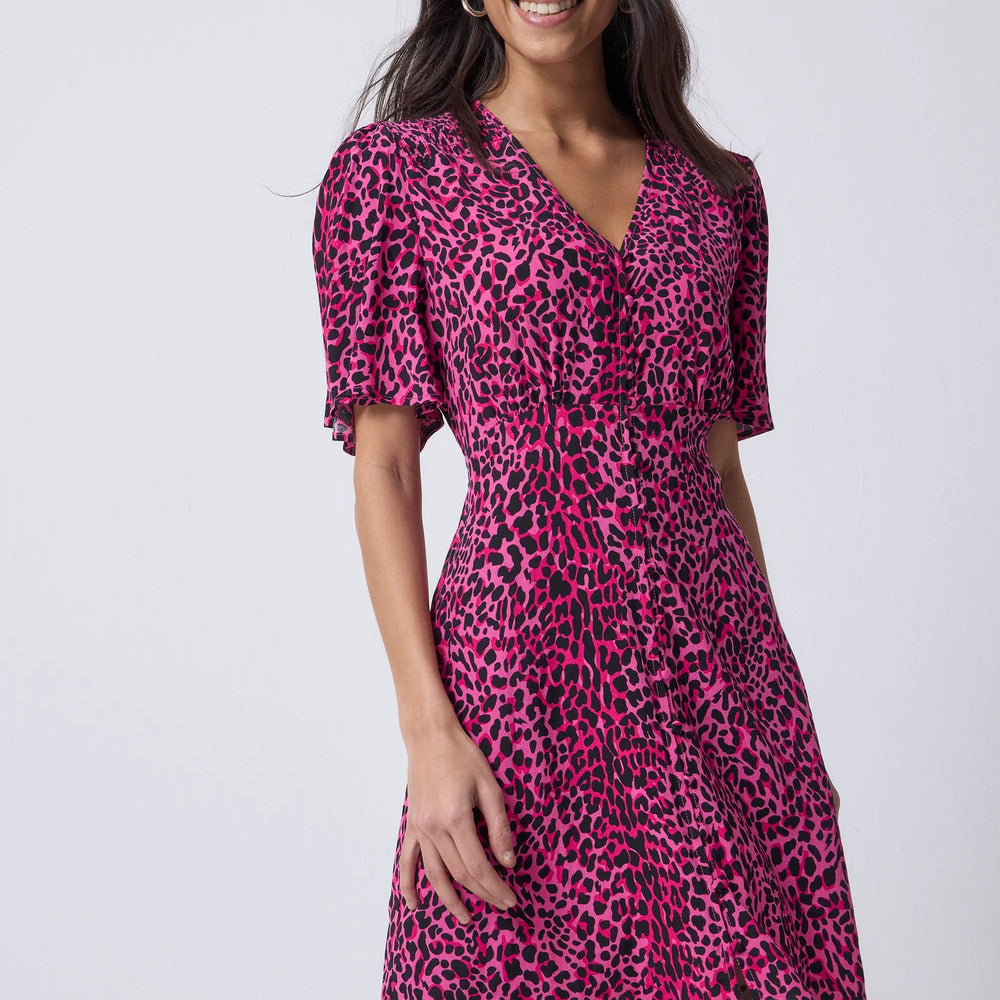 Pink with Black Leopard Angel Sleeve Short Tea Dress Scamp & Dude