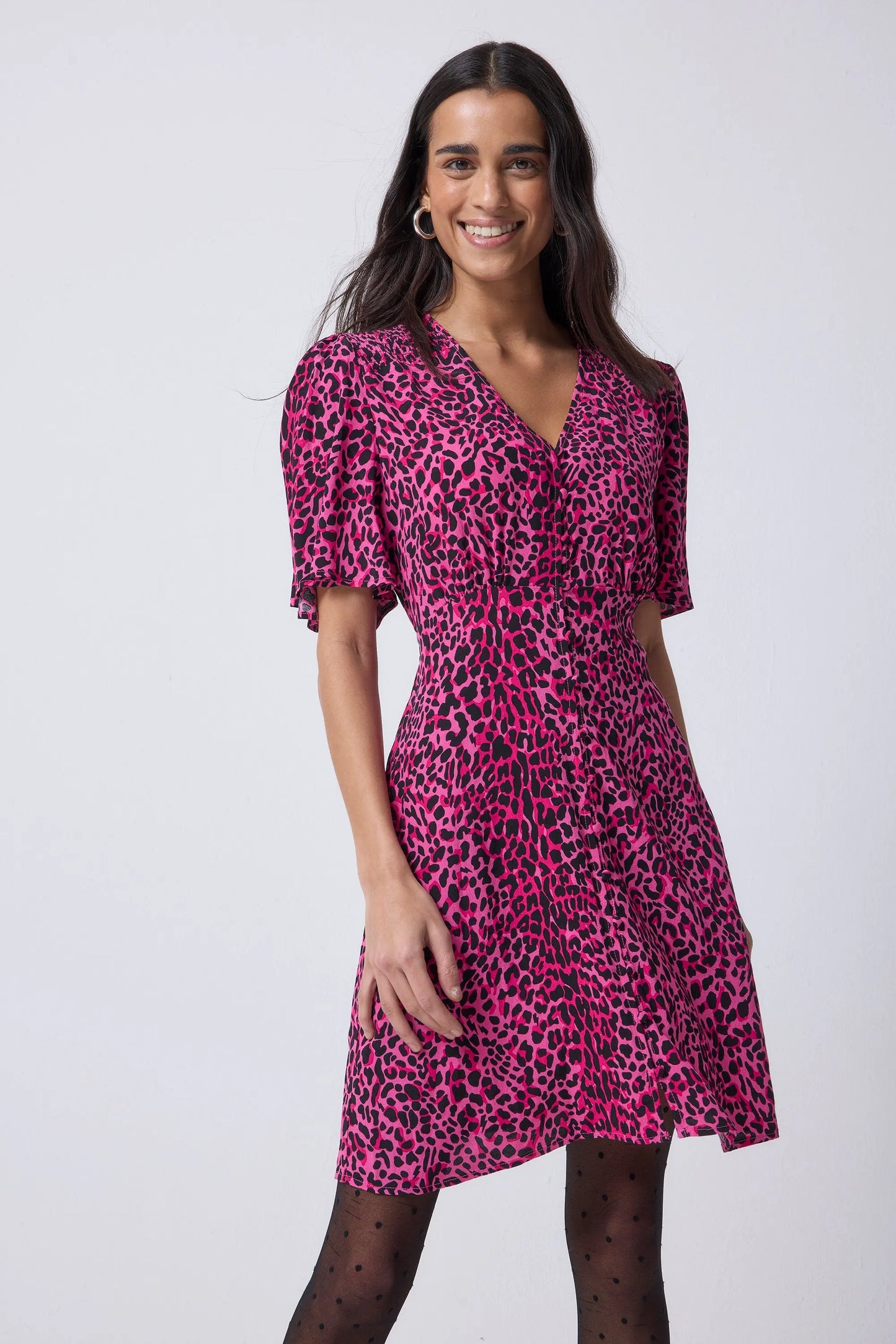 Pink with Black Leopard Angel Sleeve Short Tea Dress Scamp & Dude
