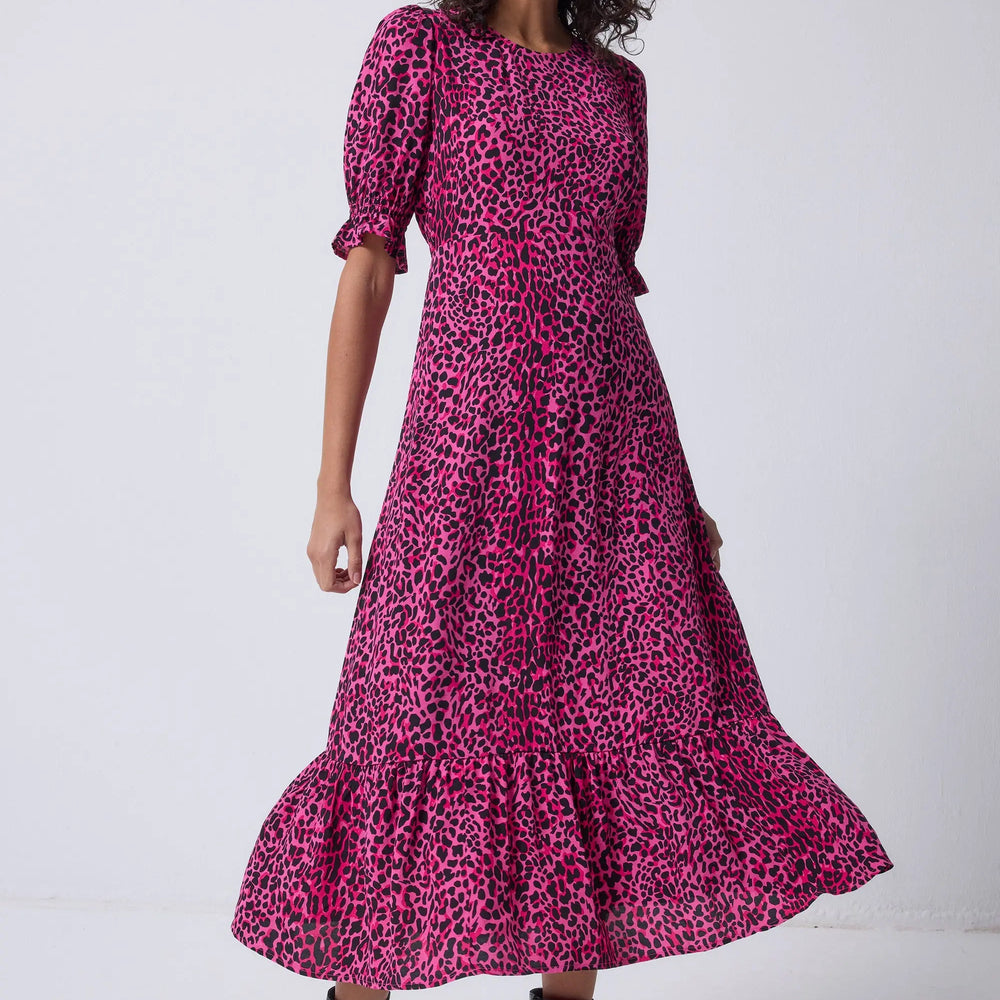 Pink with Black Leopard Flute Sleeve Midi Dress Scamp & Dude