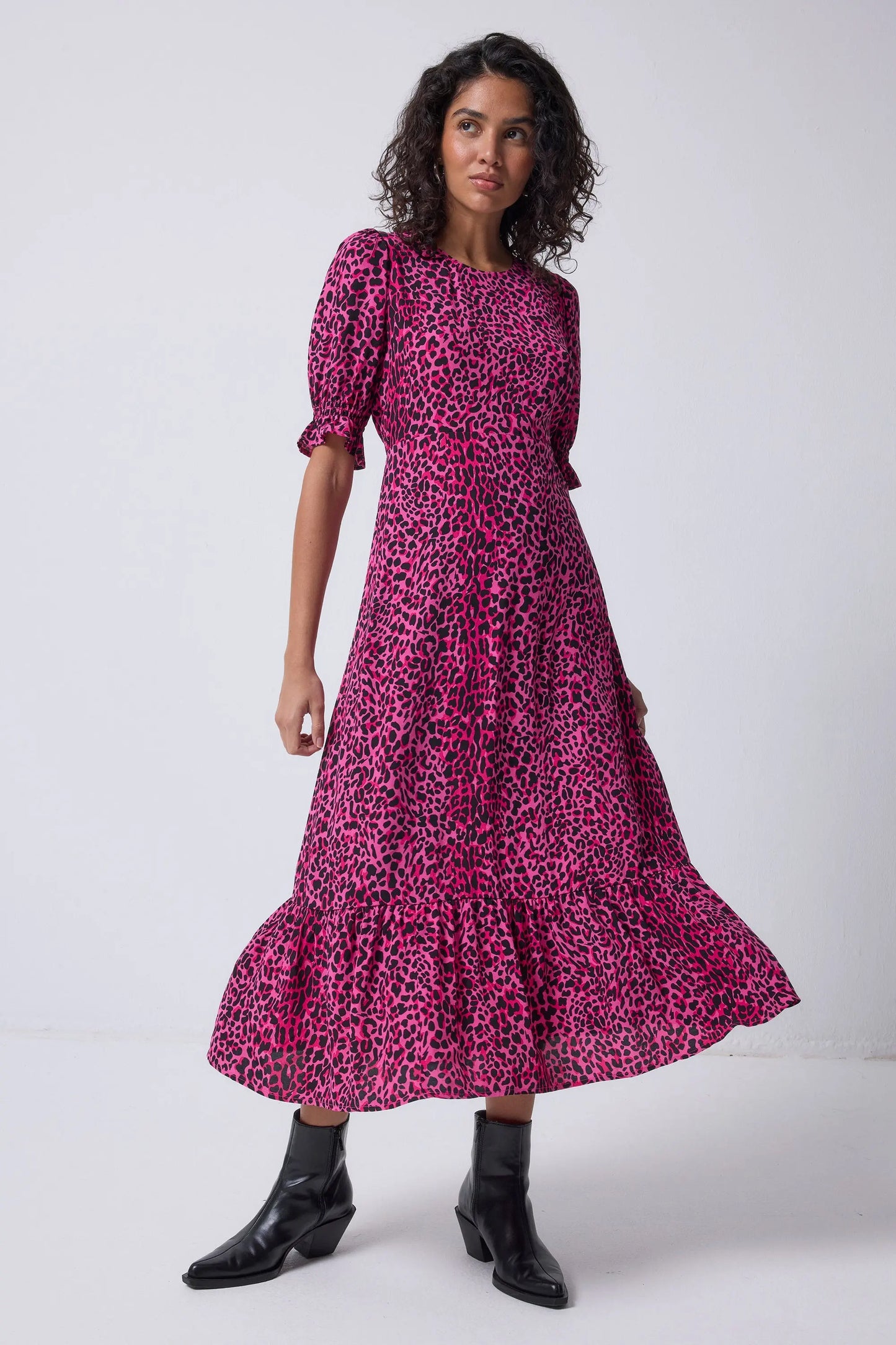 Pink with Black Leopard Flute Sleeve Midi Dress Scamp & Dude
