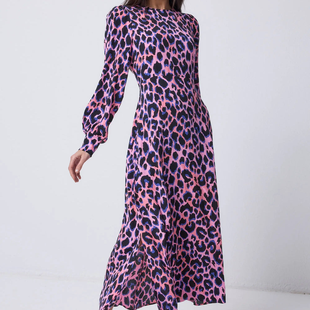 Pink with Blue and Black Shadow Leopard Blouson Sleeve Midi Dress Scamp & Dude